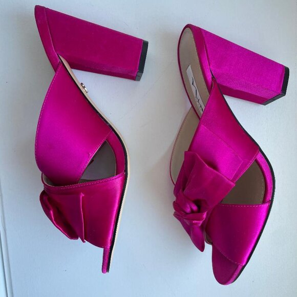 Nina Fuchsia Pink Satin Bow Heels Size 8 | Open Toe Mule - Picture 2 of 5